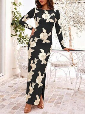 Fall Wedding Guest Dress Long Sleeve Floral Maxi Cocktail Dresses